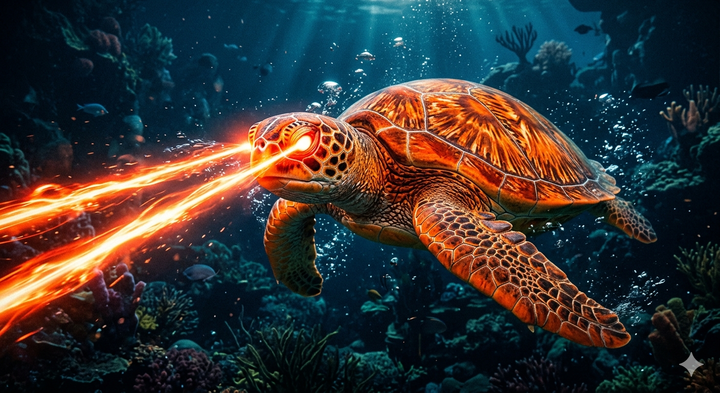 Tartaruga laranja soltando laser pelos olhos — completamente normal